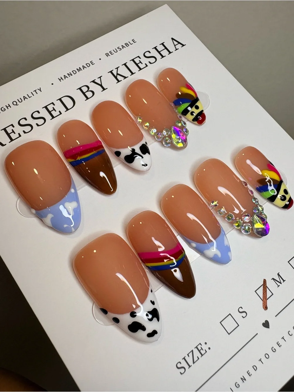Press-On Nails – Colorful Cow Print & Rainbow Accents